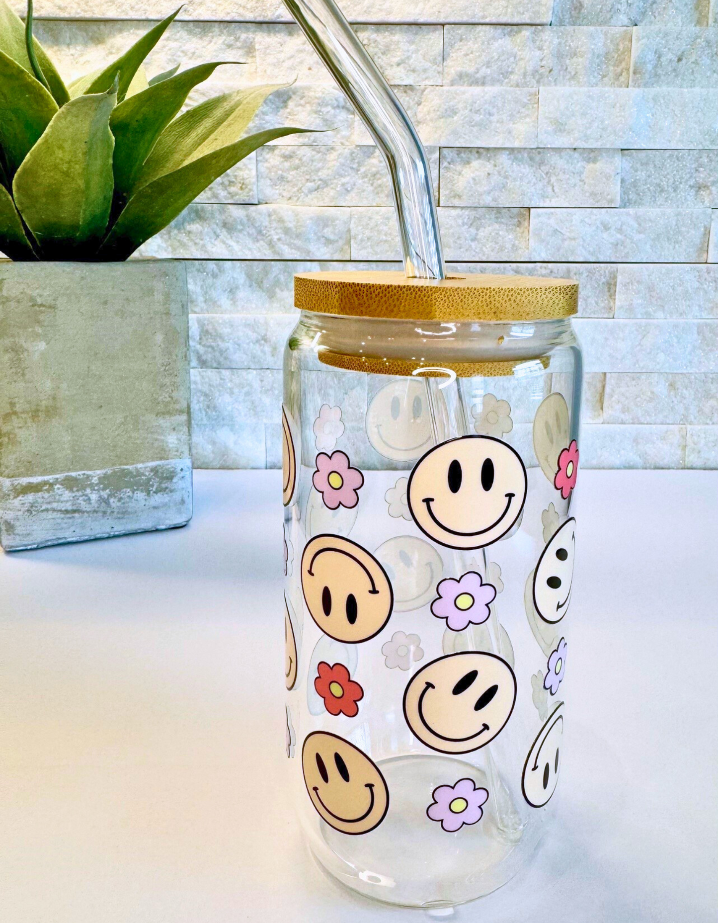 Smiles and Flowers Glass Can